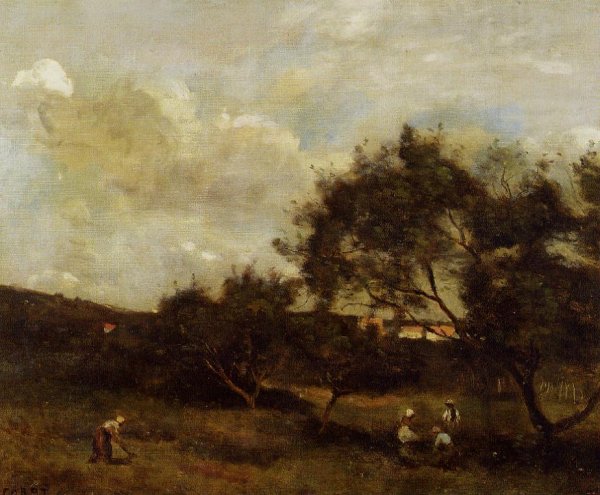 Peasants Near a Village by Jean-Baptiste-Camille Corot - Hand-Painted Oil Painting Reproduction