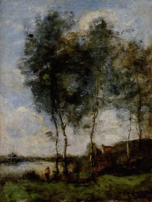 Pecheur Au Bord De la Riviere by Jean-Baptiste-Camille Corot Oil Painting