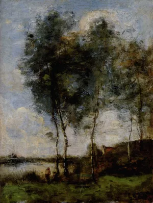 Pecheur Au Bord De la Riviere Oil painting by Jean-Baptiste-Camille Corot