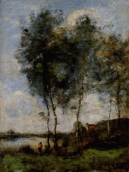 Pecheur Au Bord De la Riviere by Jean-Baptiste-Camille Corot - Hand-Painted Oil Painting Reproduction