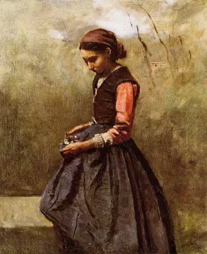 Pensive Young Woman by Jean-Baptiste-Camille Corot Oil Painting