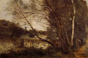 Pond at Ville d'Avray, with Leaning Trees by Jean-Baptiste-Camille Corot Oil Painting
