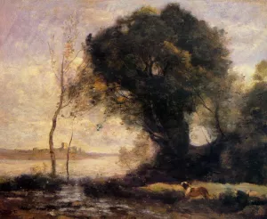 Pond with Dog by Jean-Baptiste-Camille Corot - Oil Painting Reproduction
