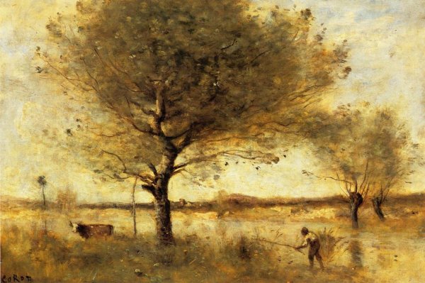 Pond with Large Tree by Jean-Baptiste-Camille Corot - Hand-Painted Oil Painting Reproduction