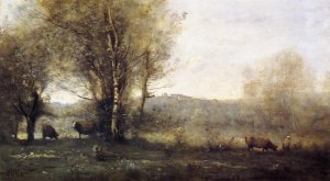 Pond with Three Cows (also known as Souvenir of Ville d'Avray) by Jean-Baptiste-Camille Corot Oil Painting