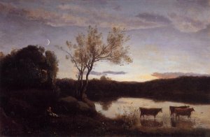 Pond with Three Cows and a Crescent Moon