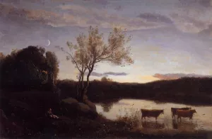 Pond with Three Cows and a Crescent Moon by Jean-Baptiste-Camille Corot Oil Painting