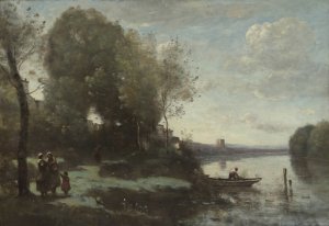 River with a Distant Tower by Jean-Baptiste-Camille Corot Oil Painting
