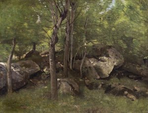 Rocks in the Forest of Fontainebleau by Jean-Baptiste-Camille Corot Oil Painting