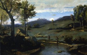 Roman Campagne - Rocky Valley with a Herd of Pigs by Jean-Baptiste-Camille Corot Oil Painting