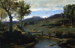 Roman Campagne - Rocky Valley with a Herd of Pigs painting by Jean-Baptiste-Camille Corot