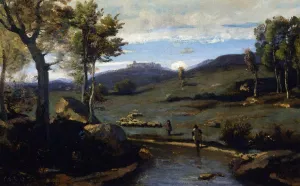 Roman Countryside - Rocky Valley with a Herd of Pigs painting by Jean-Baptiste-Camille Corot