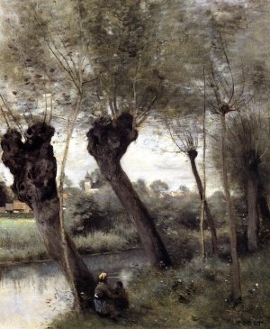Saint-Nicholas-les-Arras; Willows on the Banks of the Scarpe Oil painting by Jean-Baptiste-Camille Corot