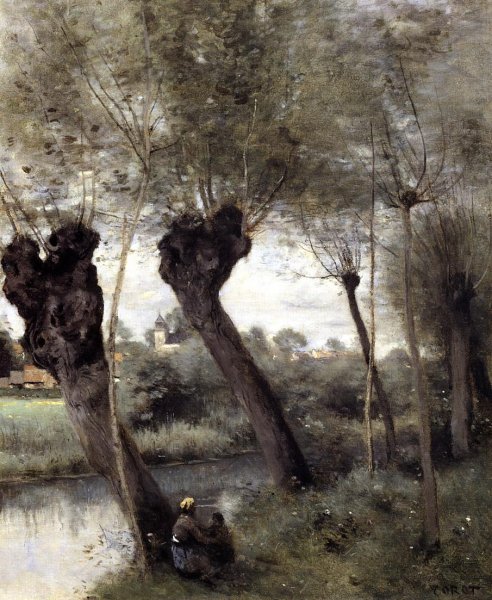 Saint-Nicholas-les-Arras; Willows on the Banks of the Scarpe by Jean-Baptiste-Camille Corot - Hand-Painted Oil Painting Reproduction