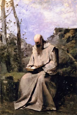Seated Monk Reading by Jean-Baptiste-Camille Corot Oil Painting