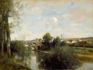 Seine and Old Bridge at Limay by Jean-Baptiste-Camille Corot Oil Painting