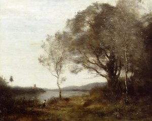 Strolling Along the Banks of a Pond by Jean-Baptiste-Camille Corot Oil Painting
