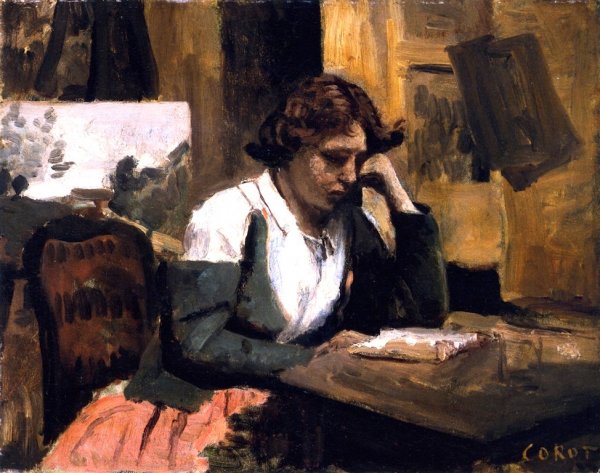 Study, Young Woman Reading by Jean-Baptiste-Camille Corot - Hand-Painted Oil Painting Reproduction
