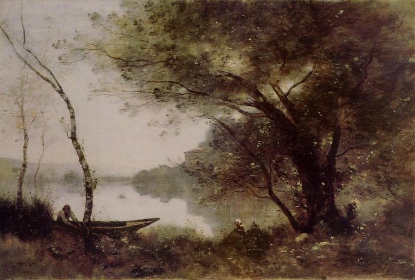 Main Product Photo of The Boatmen of Mortefontaine Painting by Jean-Baptiste-Camille Corot