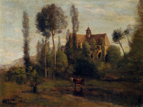 The Church at Essommes, near the Chateau Thierry by Jean-Baptiste-Camille Corot - Hand-Painted Oil Painting Reproduction