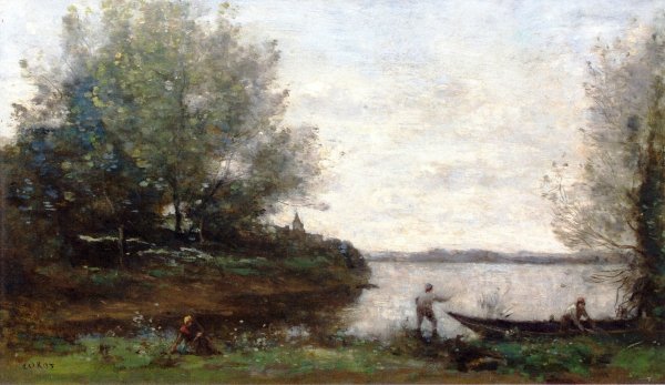 Main Product Photo of The Fisherman and the Boatman Painting by Jean-Baptiste-Camille Corot