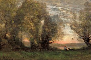 The fisherman- evening effect by Jean-Baptiste-Camille Corot Oil Painting