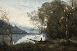 The Moored Boatman - Souvenir of an Italian Lake by Jean-Baptiste-Camille Corot Oil Painting