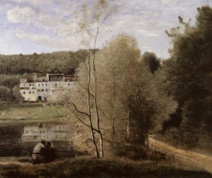 The Pond and the Cabassud Houses at Ville-d'Avray by Jean-Baptiste-Camille Corot Oil Painting