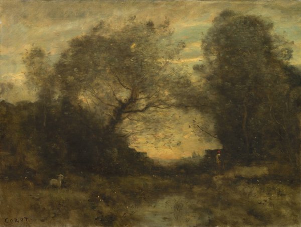 The Pond at the Entrance of the Woods  by Jean-Baptiste-Camille Corot - Hand-Painted Oil Painting Reproduction