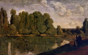 The Rhone - Three Women on the Riverbank Seated on a Tree Trunk by Jean-Baptiste-Camille Corot Oil Painting