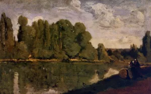 The Rhone - Three Women on the Riverbank Seated on a Tree Trunk by Jean-Baptiste-Camille Corot Oil Painting