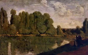 The Rhone - Three Women on the Riverbank Seated on a Tree Trunk Oil painting by Jean-Baptiste-Camille Corot