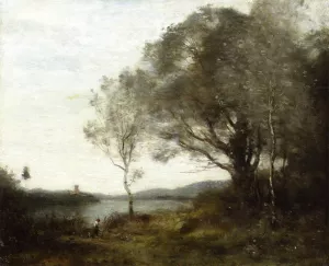 The Walk around the Pond by Jean-Baptiste-Camille Corot Oil Painting