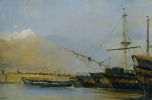 Toulon - Vaisseaux de Guerre Desarmes painting by Jean-Baptiste-Camille Corot