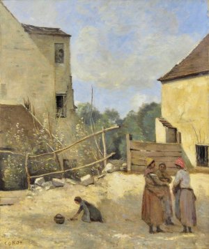 Trois Paysannes Causant Dans Une Cour Rustique by Jean-Baptiste-Camille Corot Oil Painting