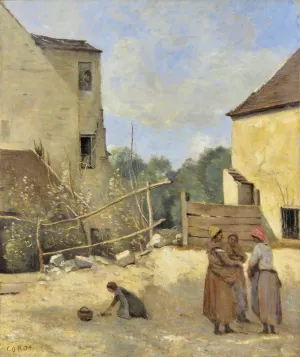 Trois Paysannes Causant Dans Une Cour Rustique Oil painting by Jean-Baptiste-Camille Corot