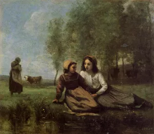 Two Cowherds in a Meadow by the Water by Jean-Baptiste-Camille Corot - Oil Painting Reproduction