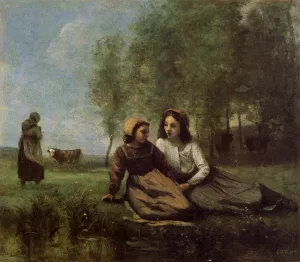 Two Cowherds in a Meadow by the Water Oil painting by Jean-Baptiste-Camille Corot