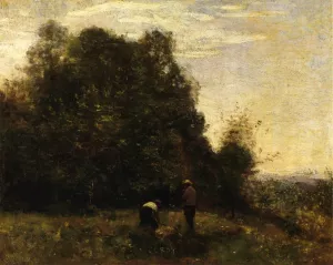 Two Figures - Working in the Fields by Jean-Baptiste-Camille Corot Oil Painting
