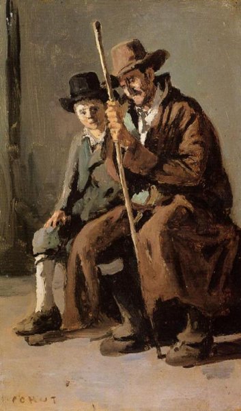 Main Product Photo of Two Italians, an Old Man and a Young Boy Painting by Jean-Baptiste-Camille Corot