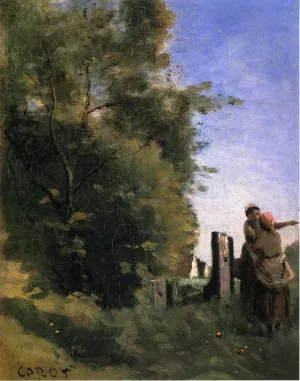Two Women Talking by a Gate by Jean-Baptiste-Camille Corot Oil Painting