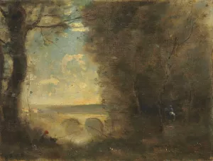Un Pecheur a La Ligne, Souvenir Du Pont De Mantes by Jean-Baptiste-Camille Corot Oil Painting