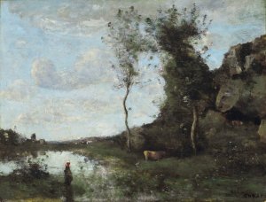 Une Paysanne Et Sa Vache a La Mare En Vue D'un Village by Jean-Baptiste-Camille Corot Oil Painting