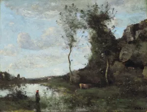 Une Paysanne Et Sa Vache a La Mare En Vue D'un Village by Jean-Baptiste-Camille Corot Oil Painting
