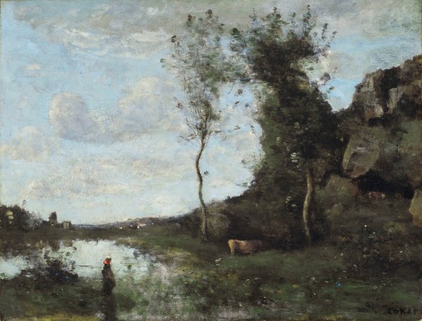 Une Paysanne Et Sa Vache a La Mare En Vue D'un Village  by Jean-Baptiste-Camille Corot - Hand-Painted Oil Painting Reproduction