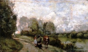 Une route au bord de l'eau avec deux paysannes causant et une vache by Jean-Baptiste-Camille Corot Oil Painting