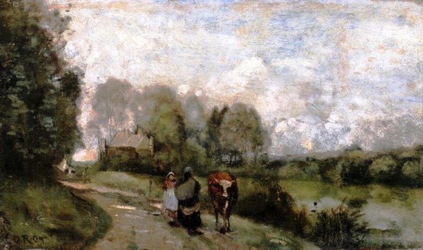 Main Product Photo of Une route au bord de l'eau avec deux paysannes causant et une vache Painting by Jean-Baptiste-Camille Corot