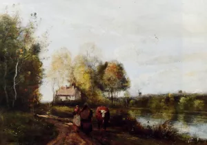 Une Route au Bord de Leau by Jean-Baptiste-Camille Corot - Oil Painting Reproduction