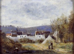 Village at the Foot of a Hill, Ile-de-France by Jean-Baptiste-Camille Corot Oil Painting