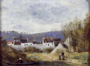 Village at the Foot of a Hill, Ile-de-France by Jean-Baptiste-Camille Corot Oil Painting